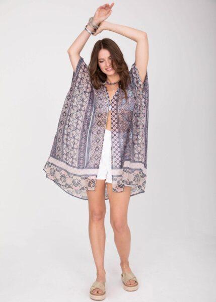 Kimono Cover Up with Belt in Pink Kaleidoscope Print