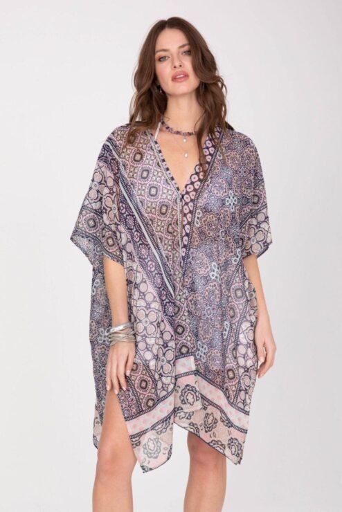 Kimono Cover Up with Belt in Pink Kaleidoscope Print