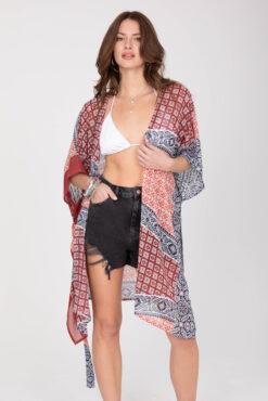 Kimono Cover Up with Belt in Red & Blue Marrakesh Print