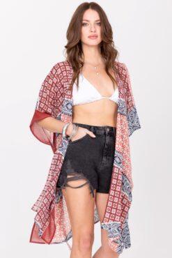 Kimono Cover Up with Belt in Red & Blue Marrakesh Print