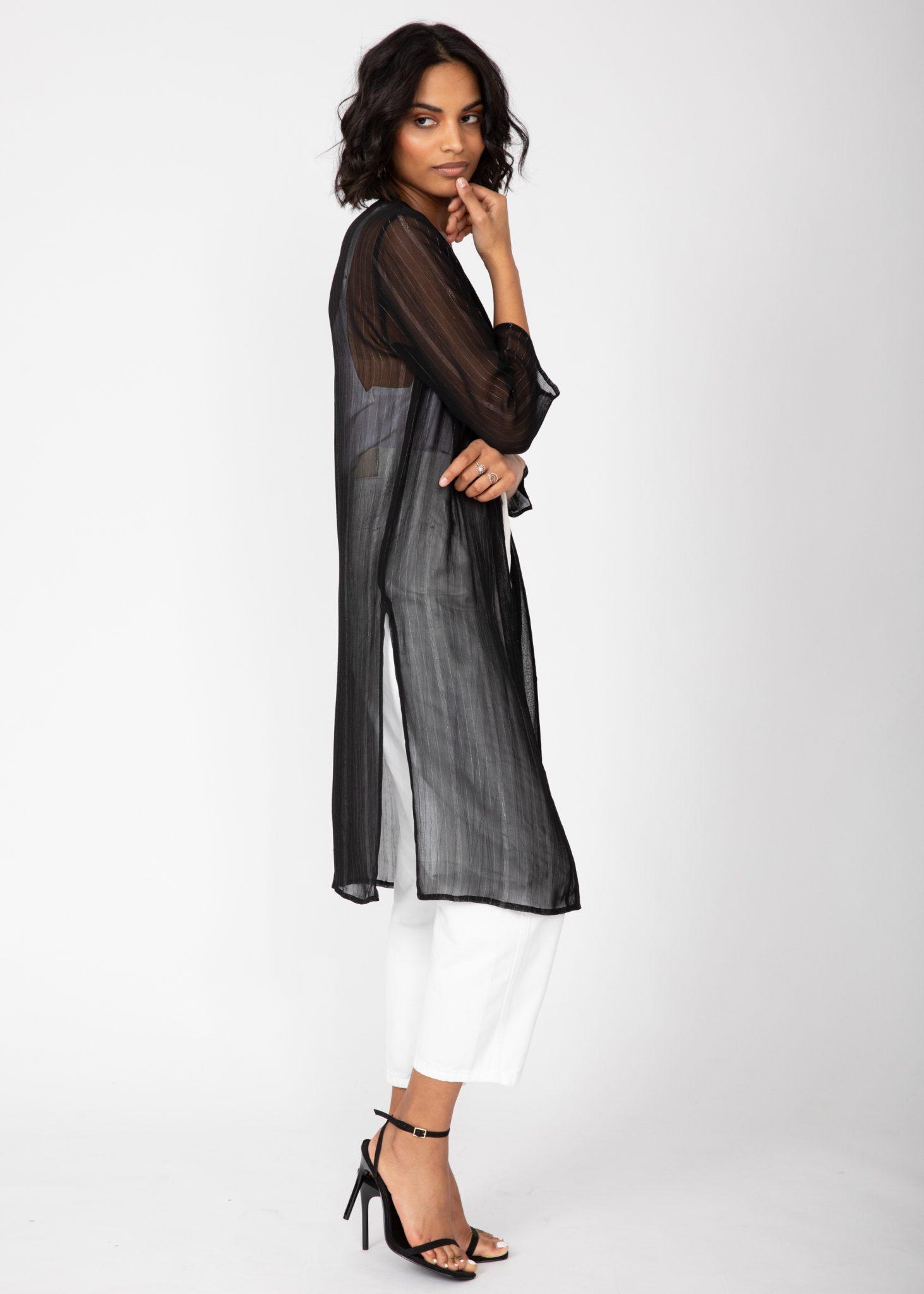 Kimono Cover Up in Sheer Black with Silver Sparkle – likemary