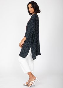 Kimono Cover Up with Lace Trim in Midnight Blue & Green Leaves