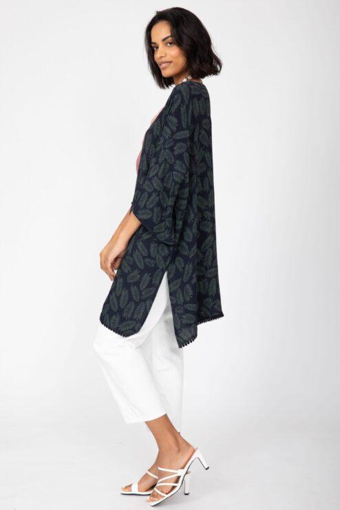 Kimono Cover Up with Lace Trim in Midnight Blue & Green Leaves