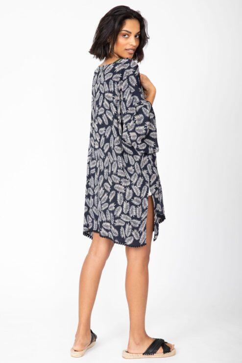 Kimono Cover Up with Lace Trim in Midnight Blue & White Leaves