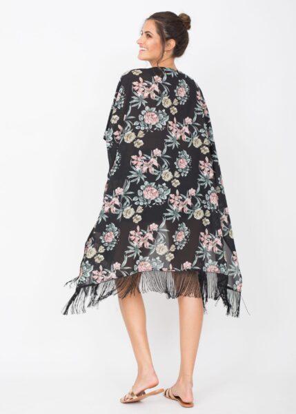 Kimono Cover Up With Tassels Floral Print Black