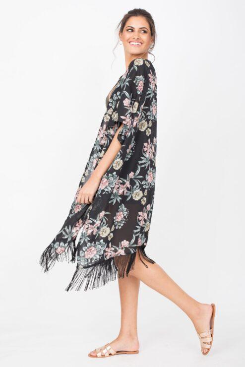 Kimono Cover Up With Tassels Floral Print Black