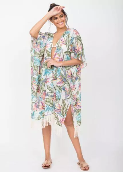 Kimono Cover Up With Tassels Tropical Floral Print White