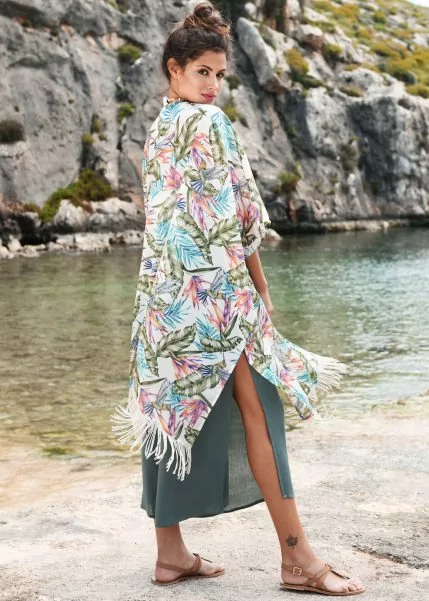 Kimono Cover Up With Tassels Tropical Floral Print White