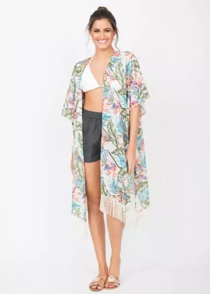 Kimono Cover Up With Tassels Tropical Floral Print White