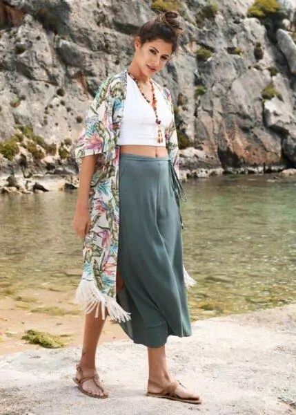 Kimono Cover Up With Tassels Tropical Floral Print White