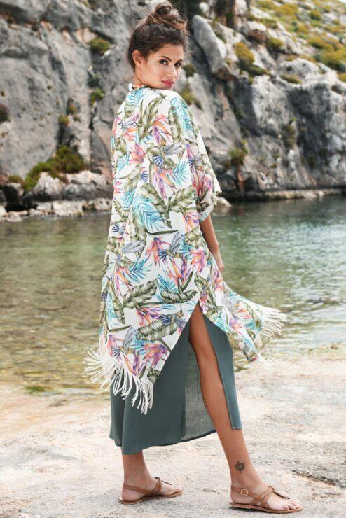Kimono Cover Up With Tassels Tropical Floral Print White
