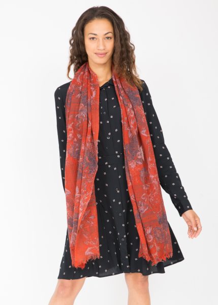 likemary red printed wool scarf, perfect for adding vibrant style to any outfit