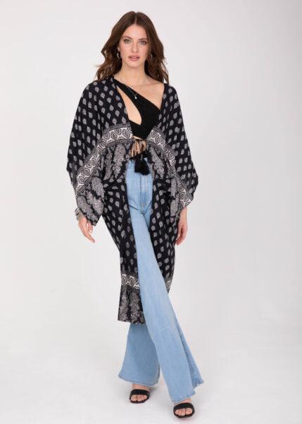 Long Kimono in Boho Print Black