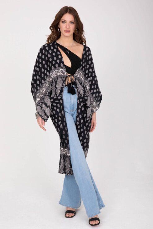 Long Kimono in Boho Print Black