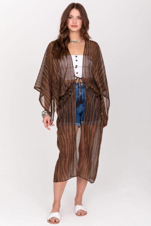 Long Kimono in Brown Tie Dye Print
