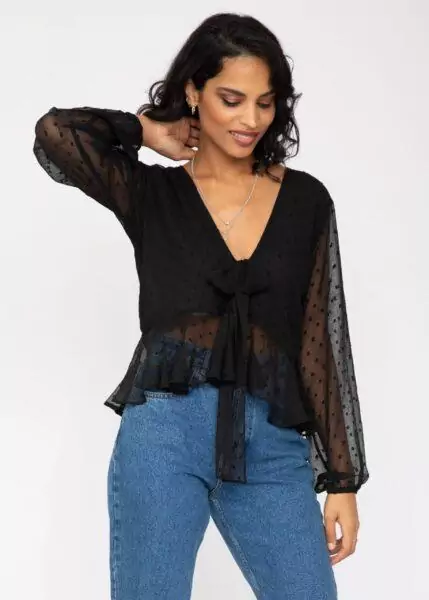 Long Puff Sheer Sleeve Butterfly Top In Black