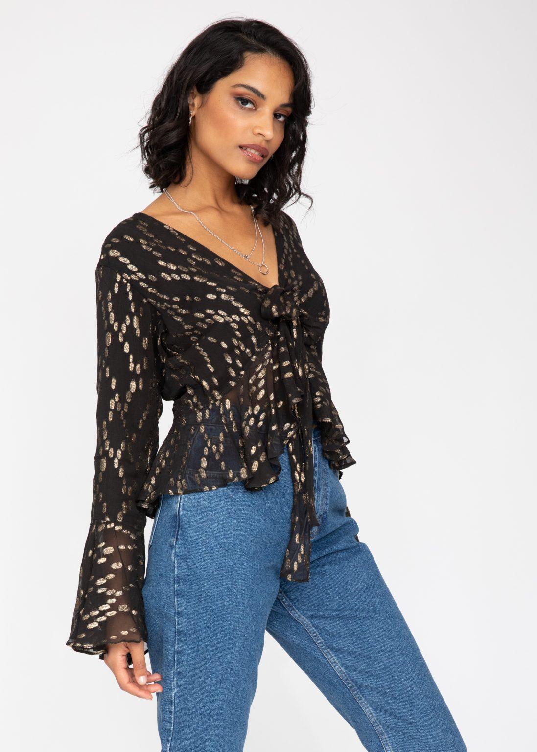 Long Trumpet Sleeve Butterfly Top In Black and Gold – likemary