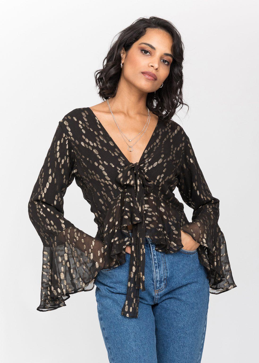 Long Trumpet Sleeve Butterfly Top In Black and Gold – likemary