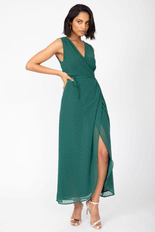 Maxi Wrap Dress With Side Split in Emerald Green