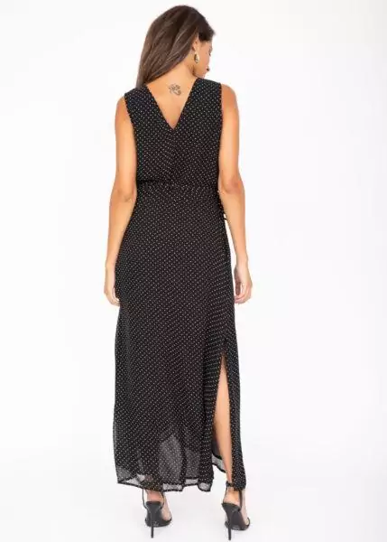 Maxi Wrap Dress With Side Split Polka Print Black