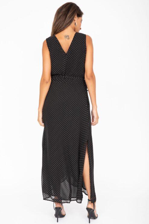 Maxi Wrap Dress With Side Split Polka Print Black