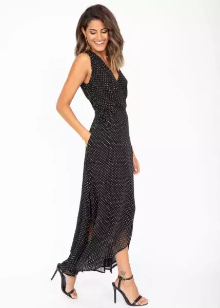 Maxi Wrap Dress With Side Split Polka Print Black