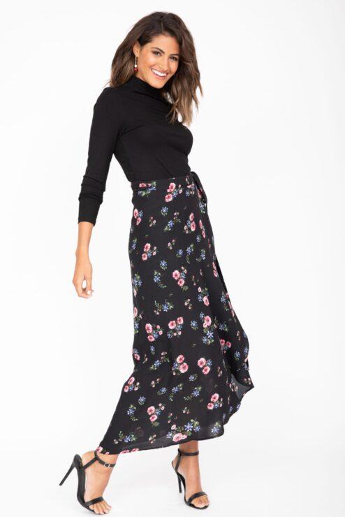 Maxi Wrap Skirt Black Floral Print