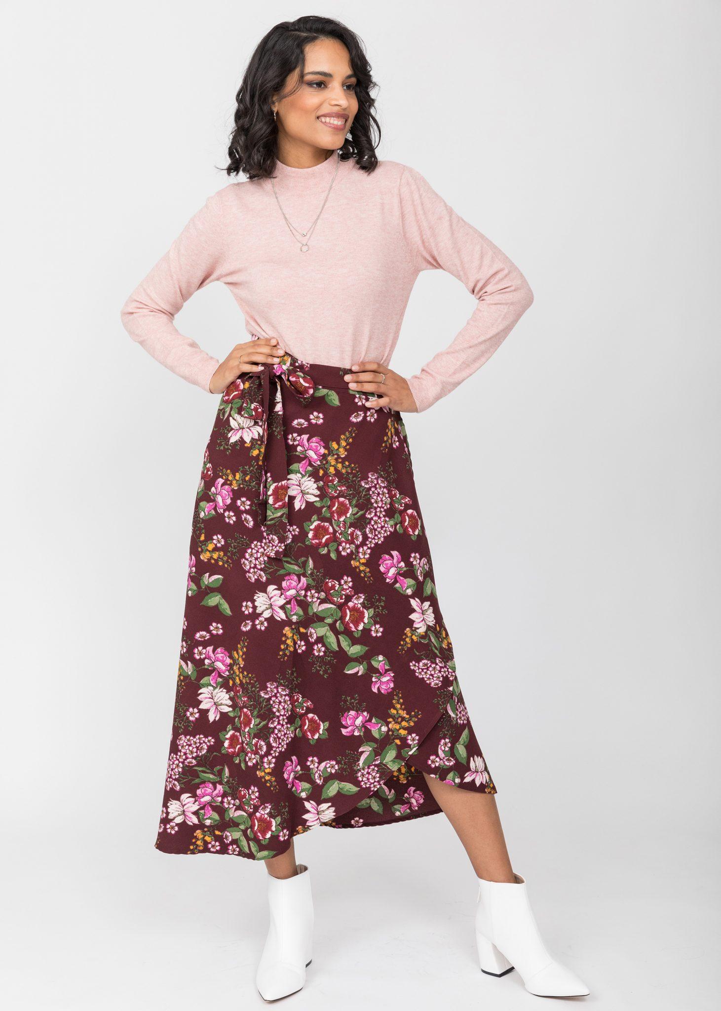 Maxi Wrap Skirt in Pink Floral Burgundy – likemary