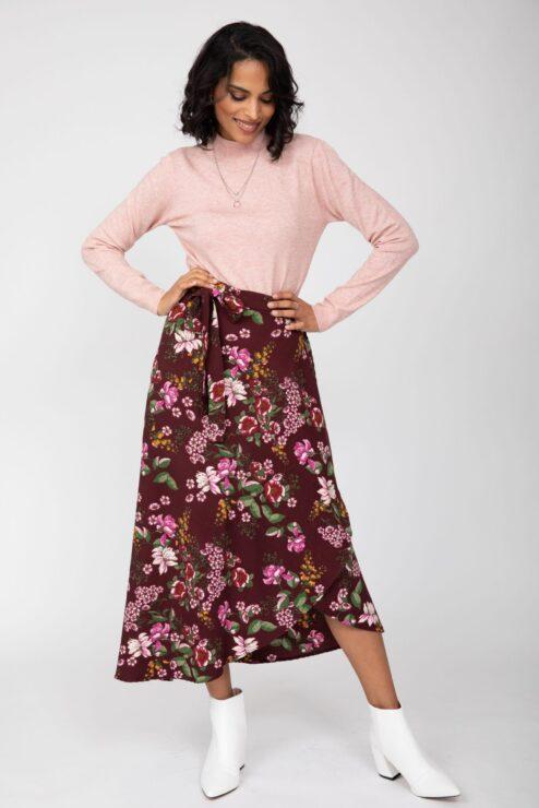 Maxi Wrap Skirt in Pink Floral Burgundy