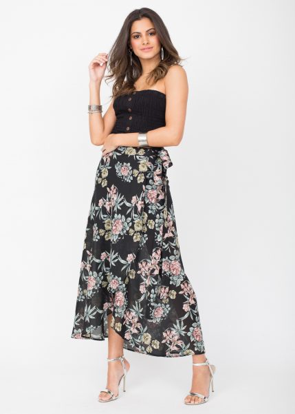 Maxi Wrap Skirt Roses Floral Print Black – likemary