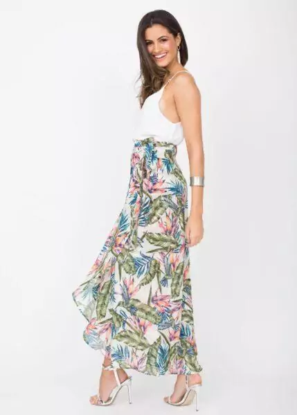 Maxi Wrap Skirt Roses Floral Print White