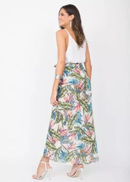 Maxi Wrap Skirt Roses Floral Print White