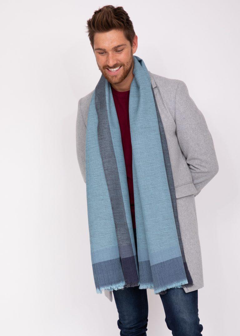 Mens Merino Wool Oversize Blanket Scarf Handwoven Herringbone Weave