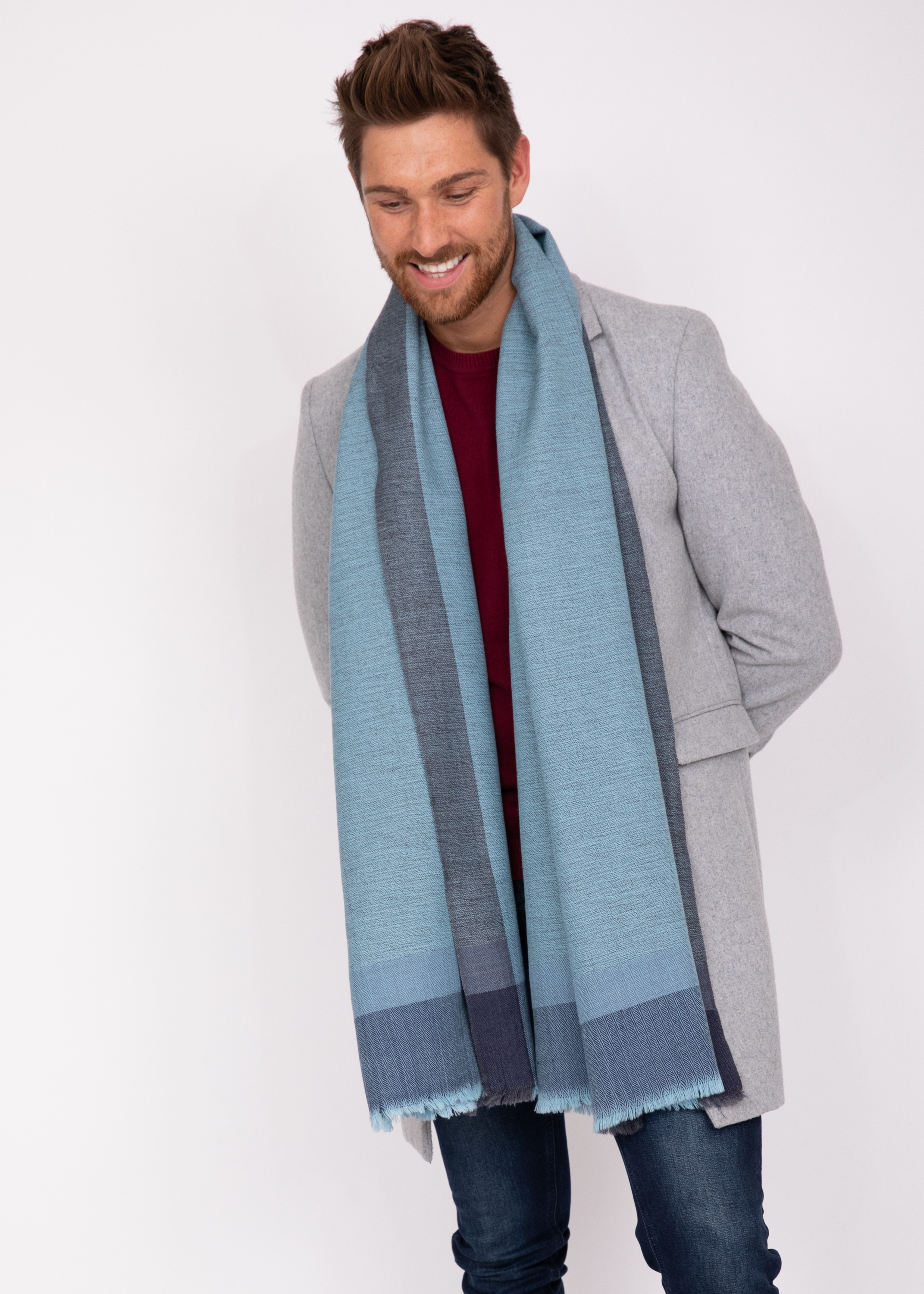 Mens Merino Wool Oversize Blanket Scarf Handwoven Herringbone Weave Blues Likemary