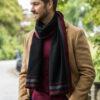 Mens Merino Wool Scarf Handwoven Black with Red Border