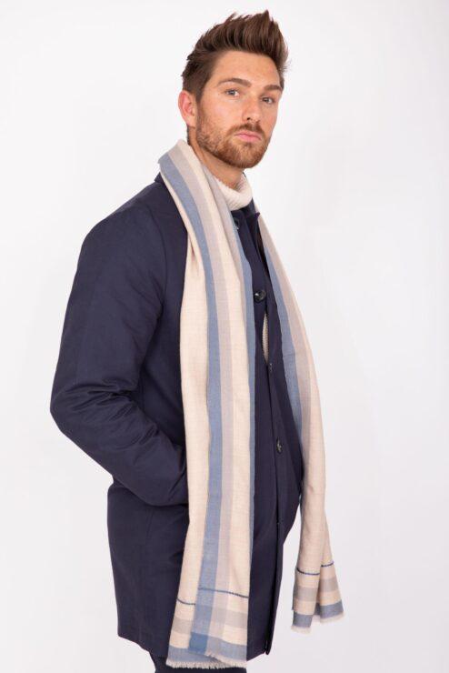 Mens Merino Wool Scarf Handwoven Neutral with Blue Border