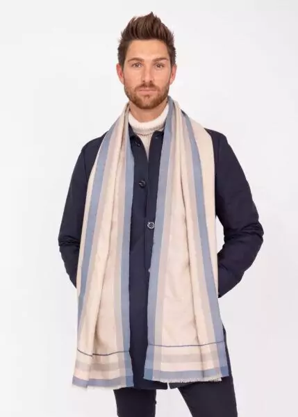 Mens Merino Wool Scarf Handwoven Neutral with Blue Border