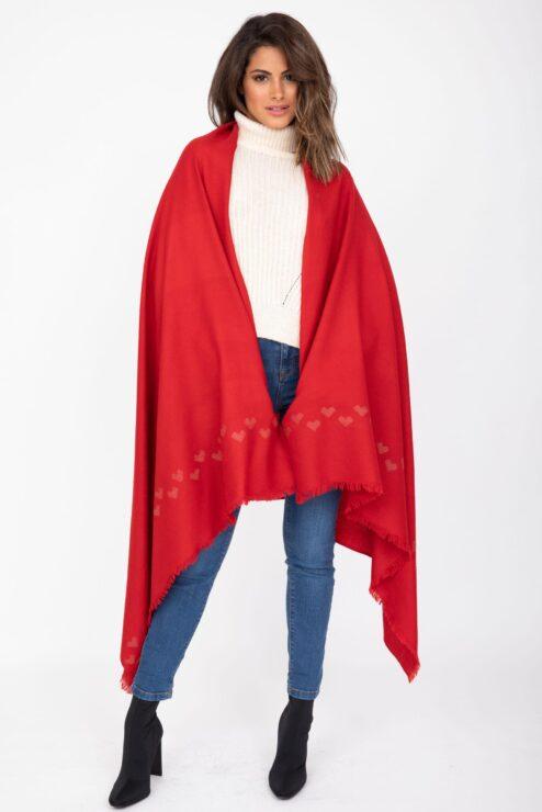 Merino Blanket Scarf Shawl and Oversize Scarf Love Hearts Red 100 x 200cm
