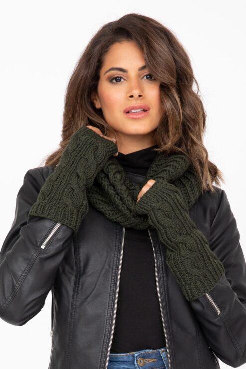 Merino Wool Cable Knitted Long Fingerless Gloves Camo Green