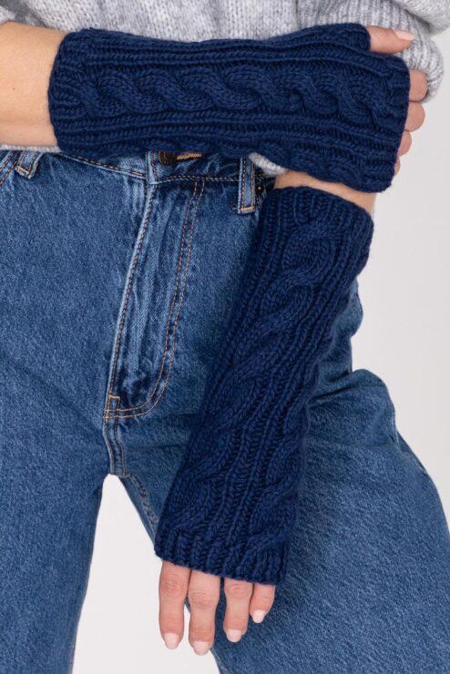 Merino Wool Cable Knitted Long Fingerless Gloves Navy Blue