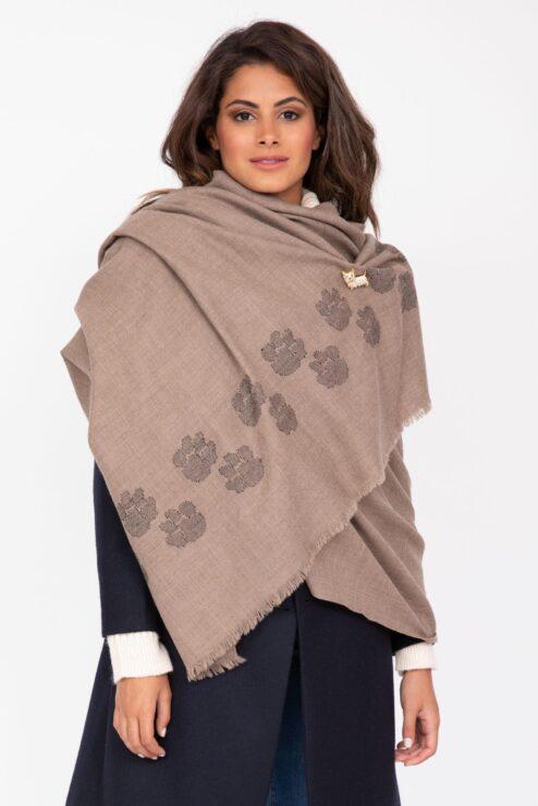 Merino Wool Handwoven Oversize Pashmina & Blanket Scarf with Paws Motif