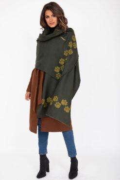 Merino Wool Handwoven Oversize Pashmina & Blanket Scarf with Paws Motif Camo Green
