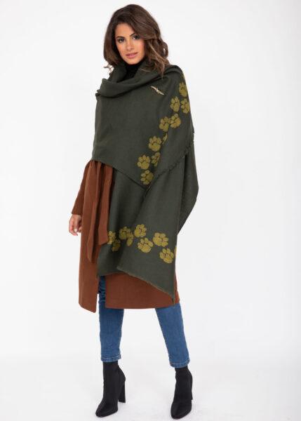Merino Wool Handwoven Oversize Pashmina & Blanket Scarf with Paws Motif Camo Green