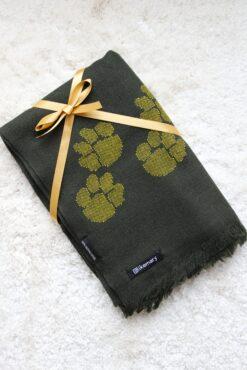 Merino Wool Handwoven Oversize Scarf with Paws Motif 75 X 200cm Camo Green