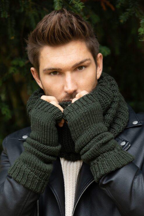 Merino Wool Knitted Long Fingerless Gloves Camo Green