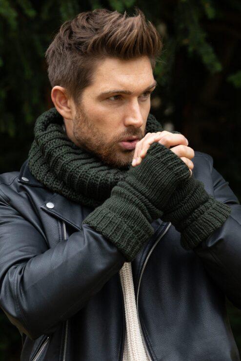 Merino Wool Knitted Long Fingerless Gloves Camo Green