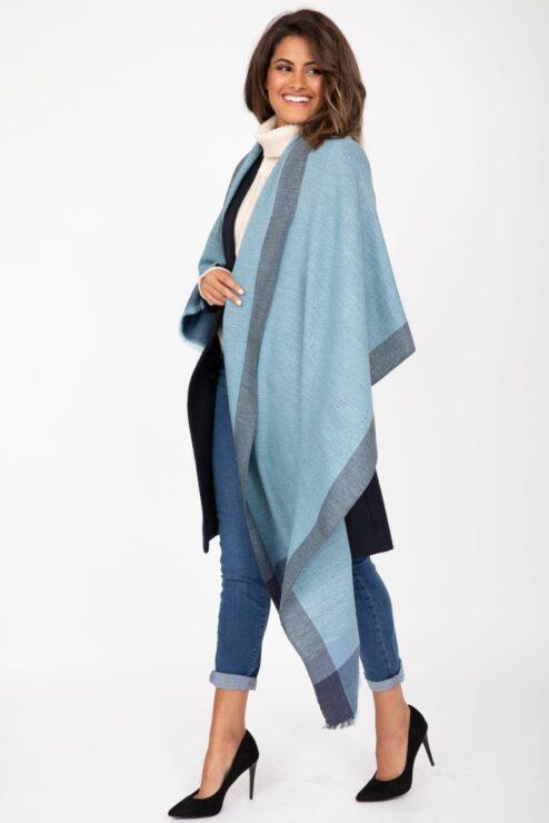 Merino Wool Pashmina Wrap & Blanket Scarf Herringbone Weave Blues