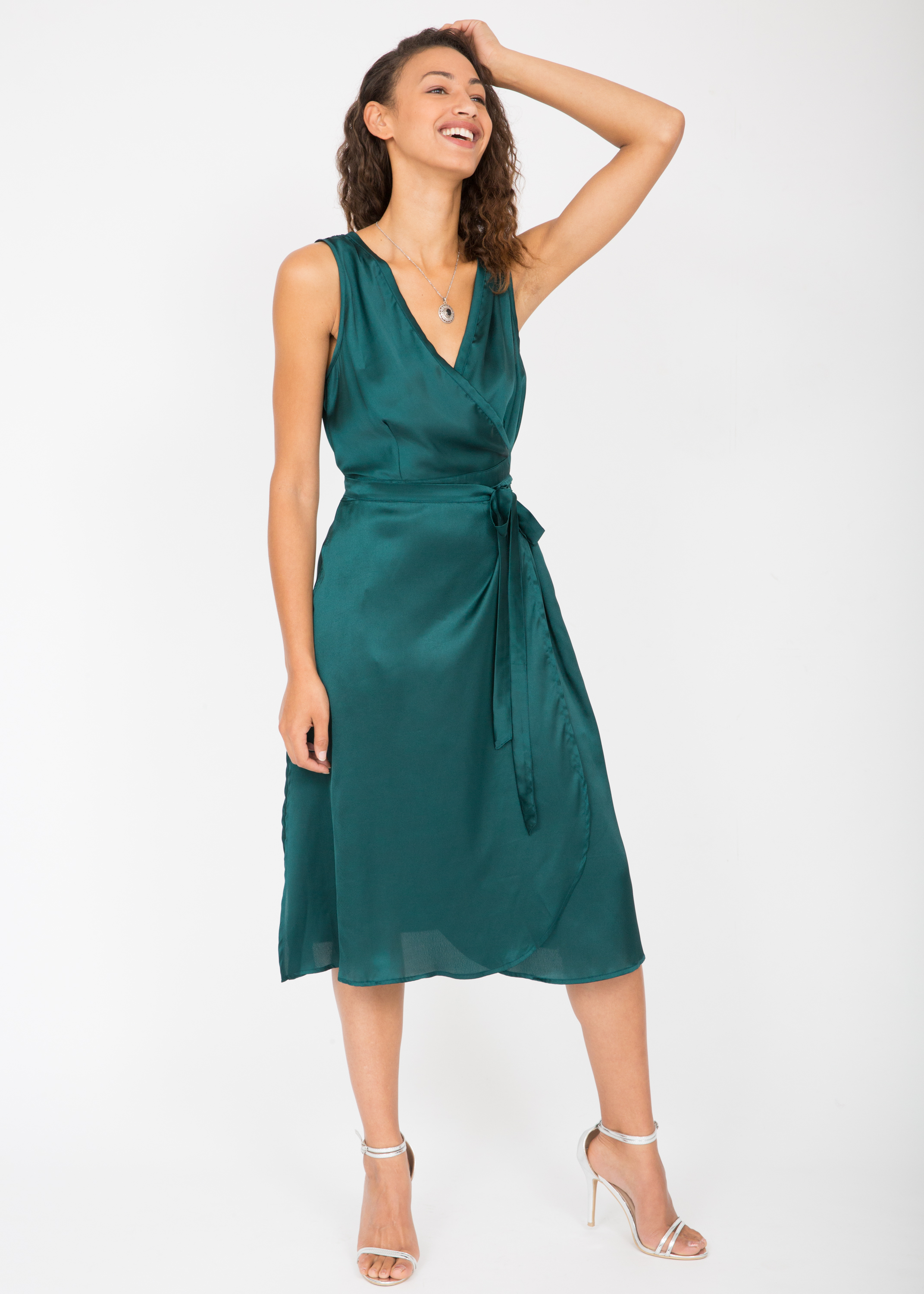 Midi Satin Side Split Wrap Dress Emerald likemary