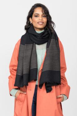 Twill Merino Handwoven Pashmina & Blanket Scarf with Stripes Black