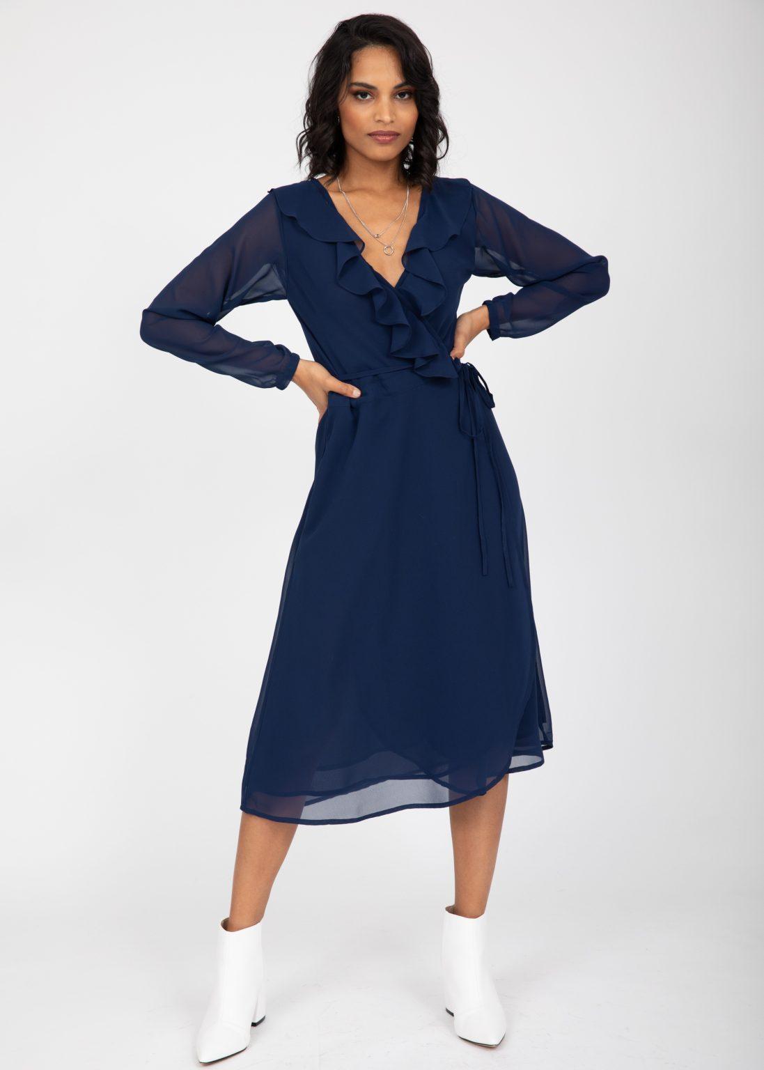 Navy Blue Sheer Midi Wrap Dress With Long Sleeves Likemary 5995